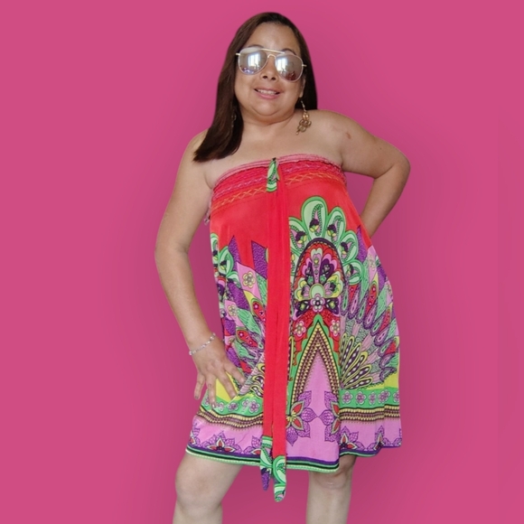 ACE FASHION WOMENS LARGE RED STRAPLESS MIDI SUN DRESS - Picture 4 of 7